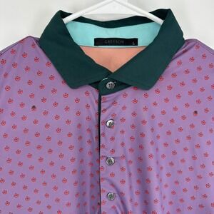 Greyson Mens Purple Geometric Print Golf Polo Shirt Large Wolf Logo Green Collar